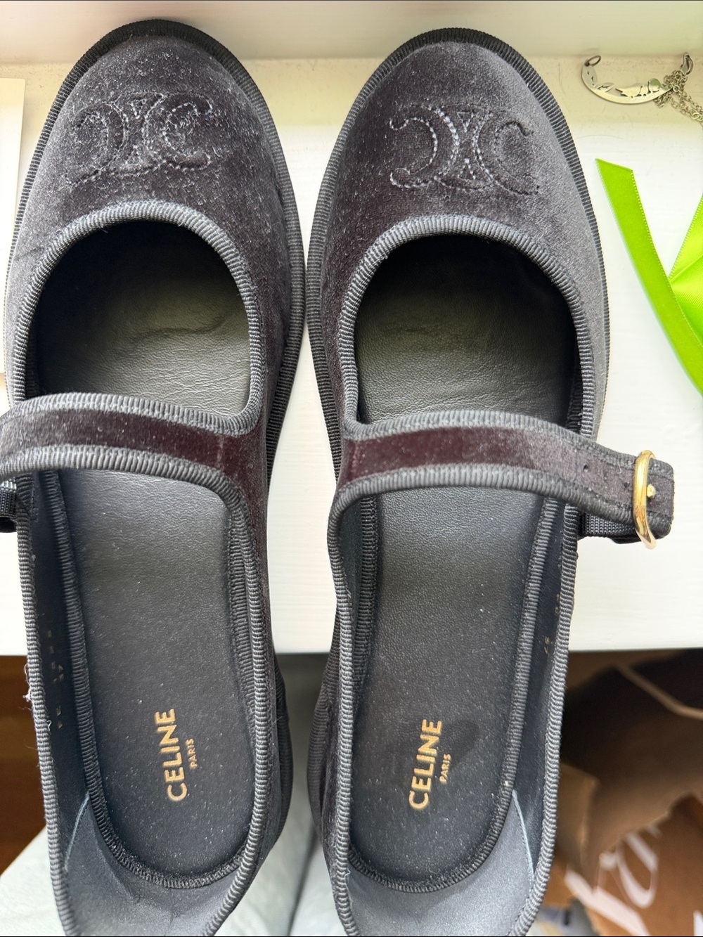 Celine black Velvet Mary Jane Flats with Gold Buckle